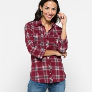 Market & Spruce Perrina Button Down Knit Top Burgundy Plaid Size Medium